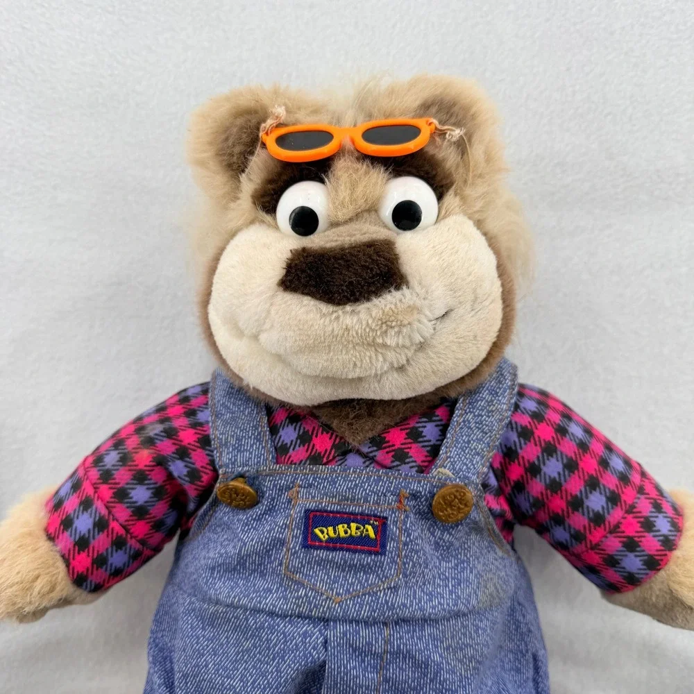 Vintage Bubba the Bear Plush 90s Collectible Denim Overalls Houndstooth Shirt